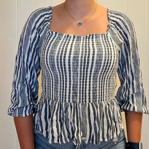 American Eagle Blue and White Smocked Top
